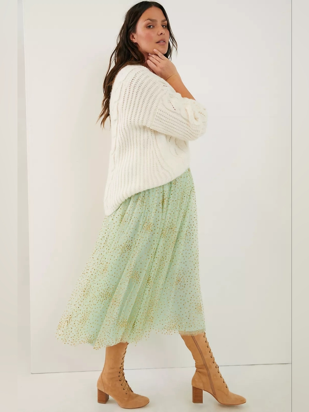 NWT Anthropologie Sydney Shimmer Tulle Midi in Green Glitter Gold Dot Skirt XS - Picture 8 of 10
